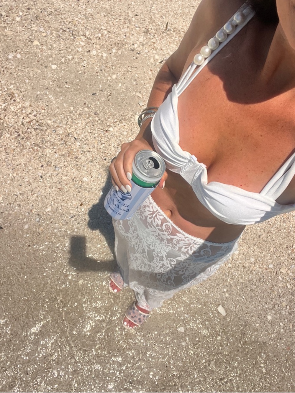 White Pearl-Detail Bikini Top with Lace Beach Skirt